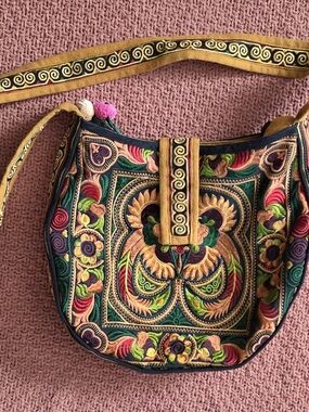 Handmade Thailand Hmong Embroidered Boho Crossbody Bag Pom Pom Strap